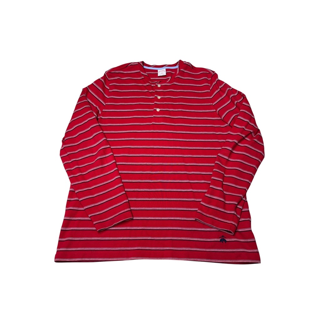Brooks Brothers Mens Red Striped Cotton Pique Long Sleeve Henley Shirt Large